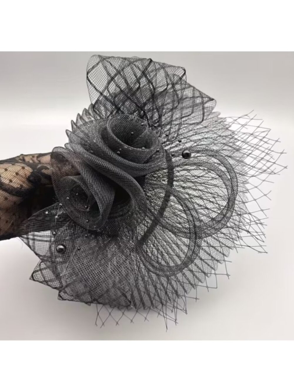 Black Rose Fascinator Hat Veil Mesh Headpiece Tea Party Derby Wedding Church - Picture 3 of 3